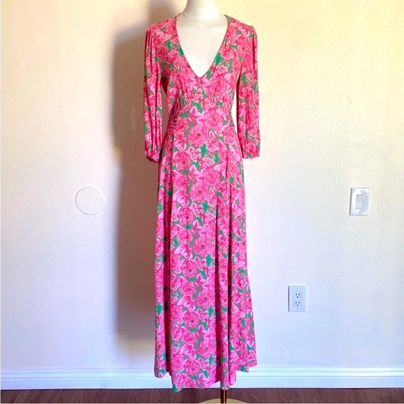 Love By Design Pink and Green Floral Maxi Dress Sz Large - Picture 2 of 8